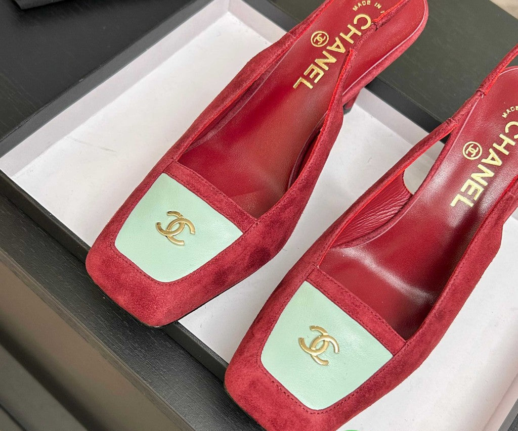 Chanel Slingback Heel Suede Pink White Gold