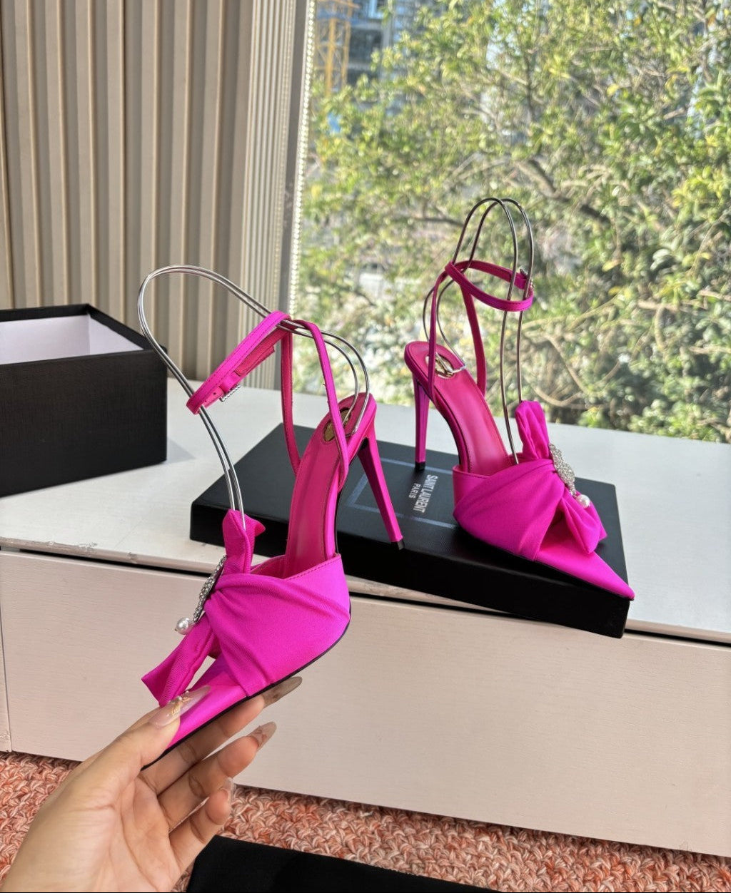 Saint Laurent Dove Sandals in Satin Crepe and Rhinestones Pink