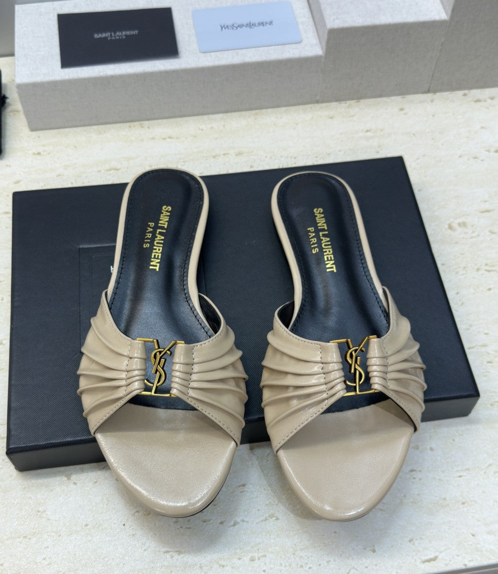 Saint Laurent Flat Slide Sandals Beige Gold