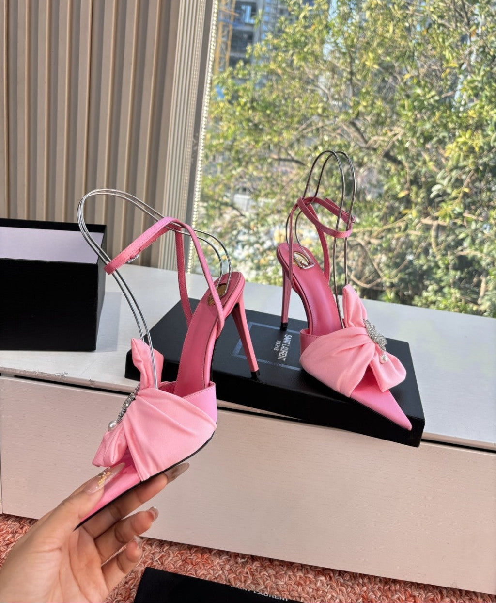 Saint Laurent Dove Sandals in Satin Crepe and Rhinestones Baby Pink