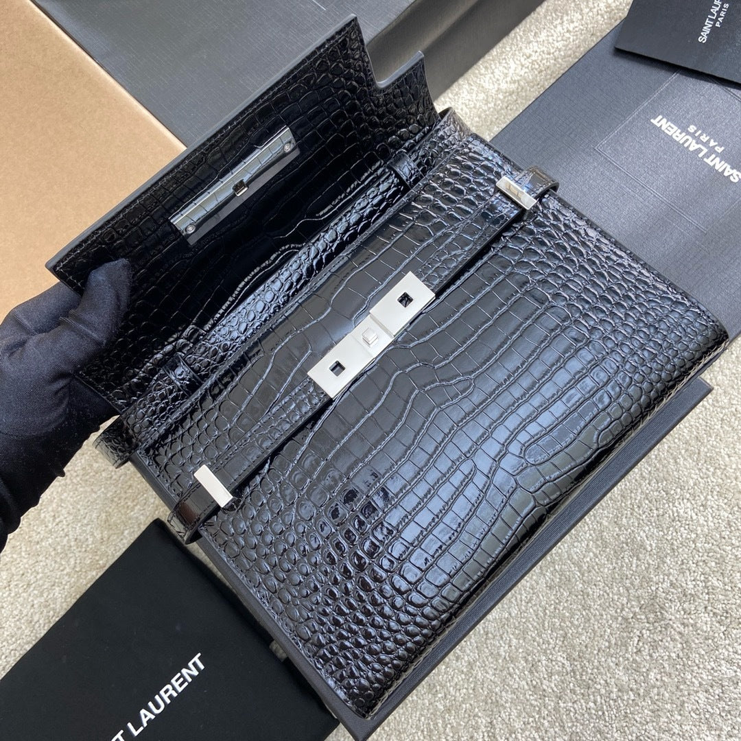 Saint Laurent Manhattan Small Shoulder Bag Croc Black Ferragens Prata