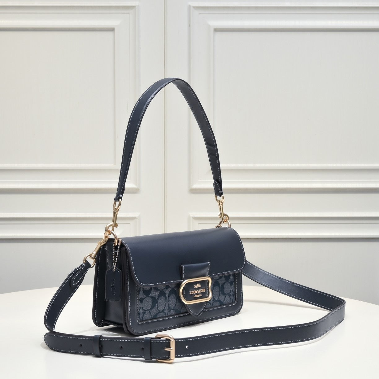 Coach Morgan Signature Shoulder Bag Azul Navy Ferragens Douradas