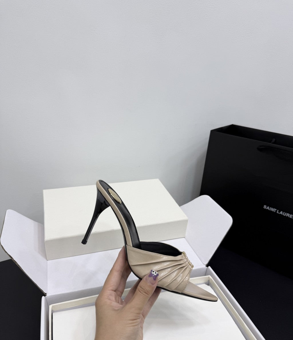 Saint Laurent Babylone Ruched Mules in Leather Ivory