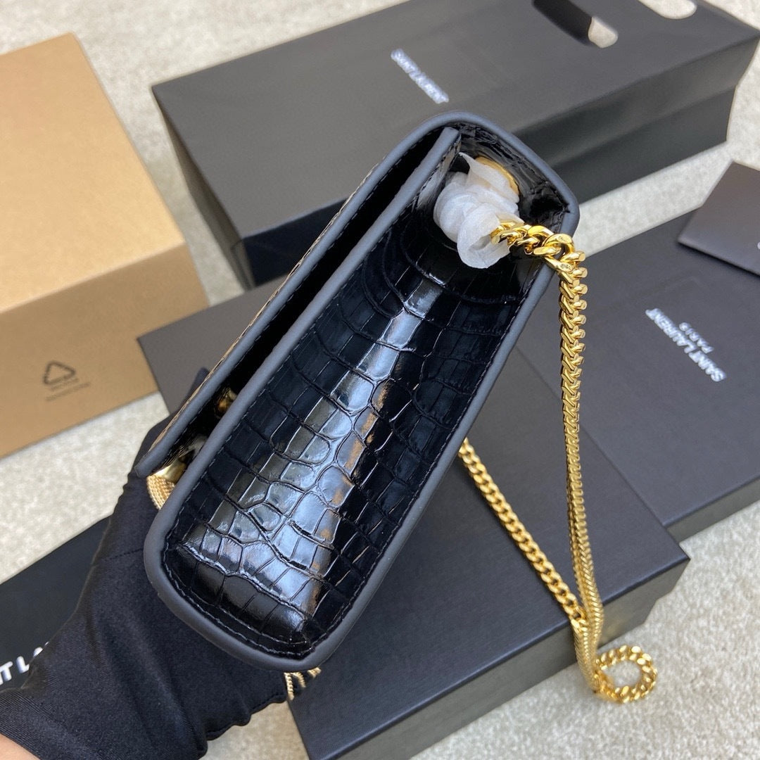 Saint Laurent Shoulder Bag Black Croc Ferragens Dourados