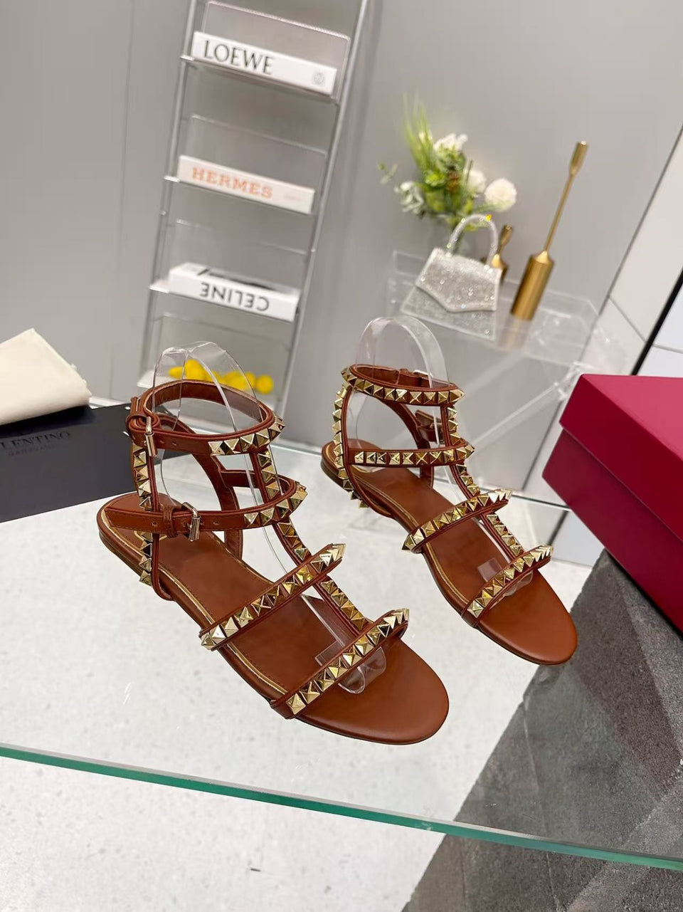 Valentino Garavani Rockstud Flat Calfskin Sandal with Straps