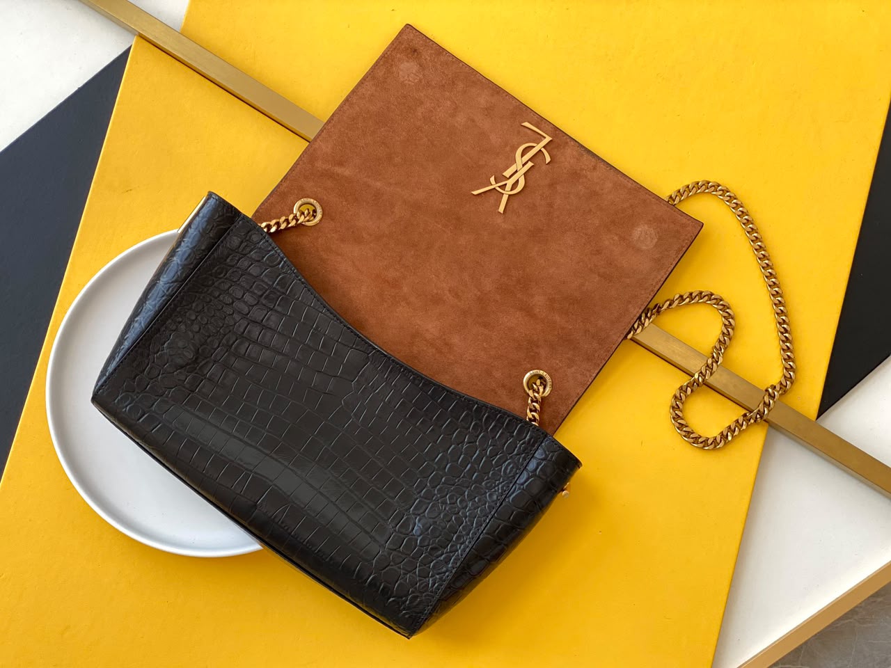 Saint Laurent Kate Reversible Shoulder Bag Croco