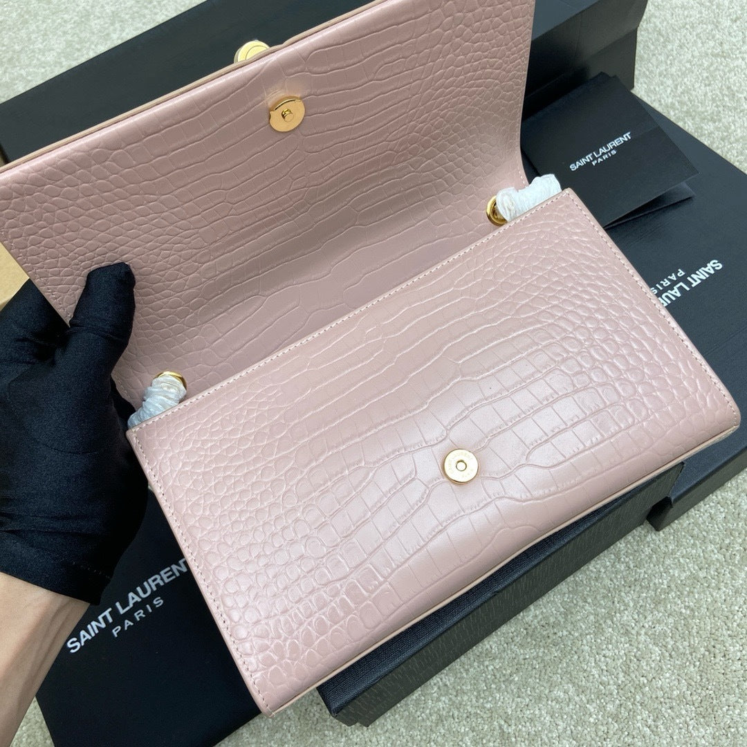 Saint Laurent Shoulder Bag Pink Blush Croc Ferragens Dourados