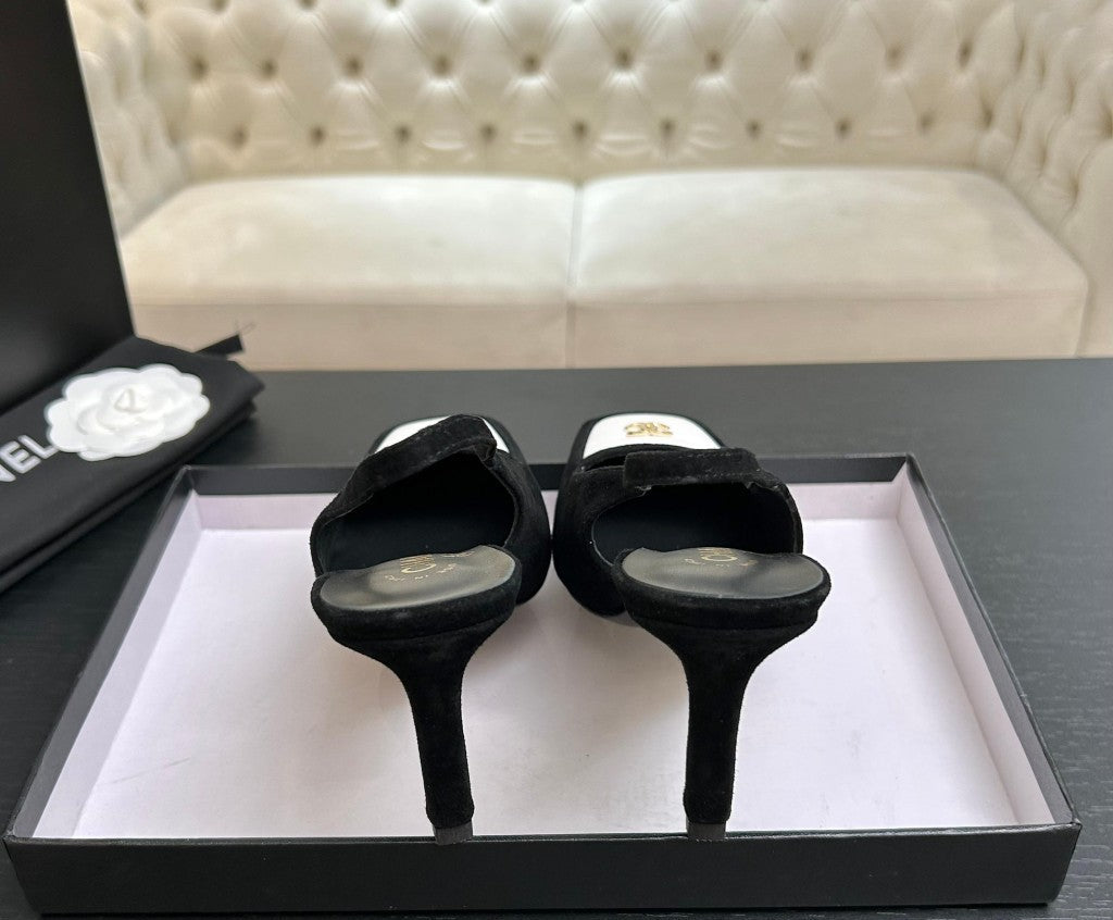 Chanel Slingback Heel Suede Black White Gold