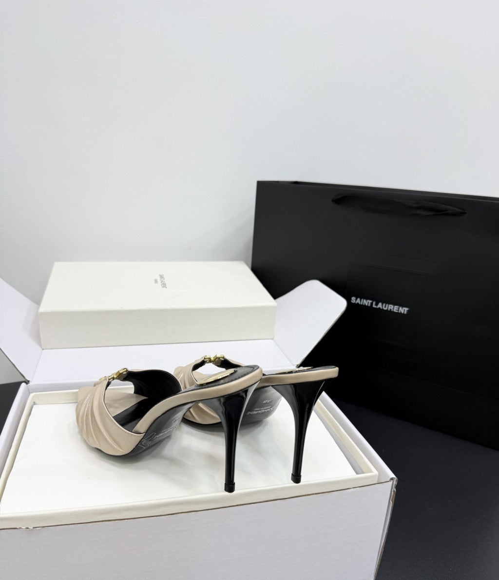 Saint Laurent Babylone Ruched Mules in Leather Ivory