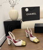 Chanel Slingback Block Heel  Off-White & Metallic  Patent. Salto 9 cm.