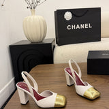 Chanel Slingback Block Heel  Off-White & Metallic  Patent. Salto 9 cm.