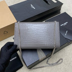 Saint Laurent Shoulder Bag Grafite Croc Ferragens Prata