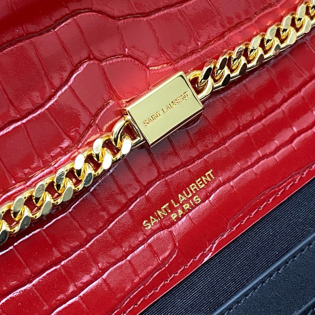 Saint Laurent Shoulder Bag Red Croc Ferragens Douradas