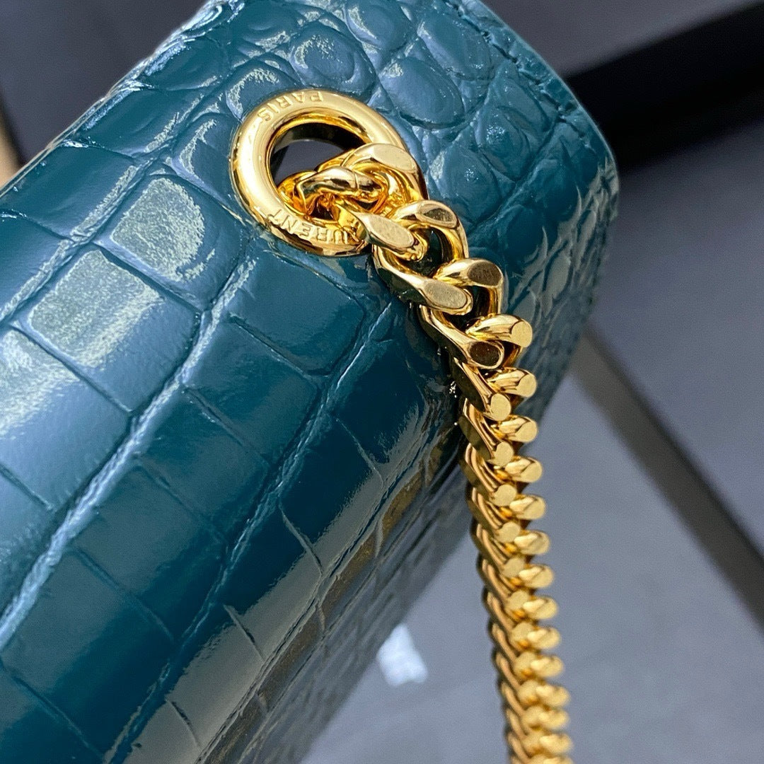 Saint Laurent Shoulder Bag Blue petróleo Croc Ferragens Douradas
