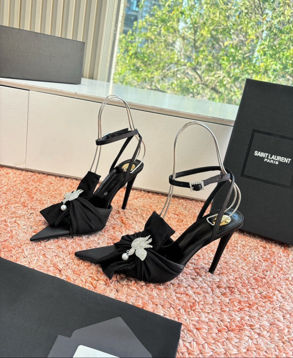 Saint Laurent Dove Sandals in Satin Crepe and Rhinestones Black / Black