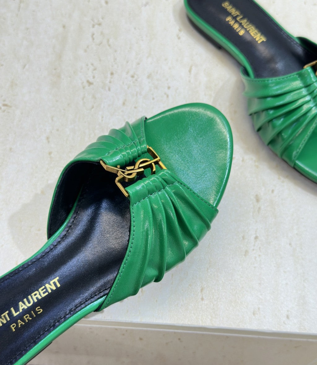 Saint Laurent Flat Slide Sandals Green Gold