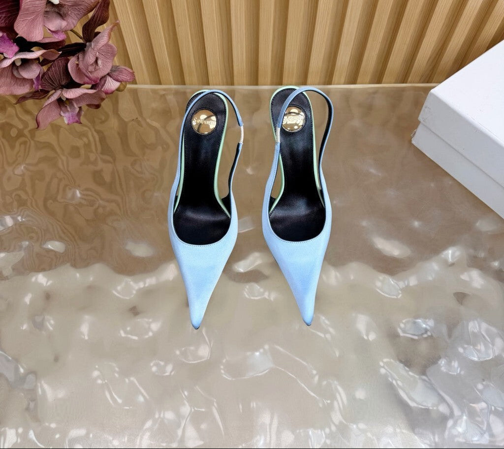 Saint Laurent Scarpin Slingback Deroche  Soft Blue & Pastel Green em  Crepe de Cetim