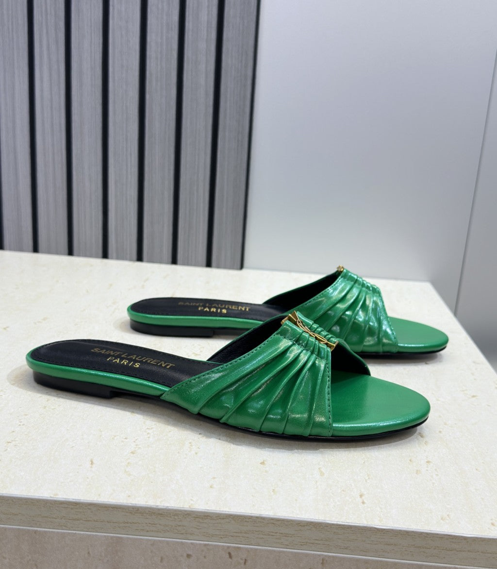 Saint Laurent Flat Slide Sandals Green Gold