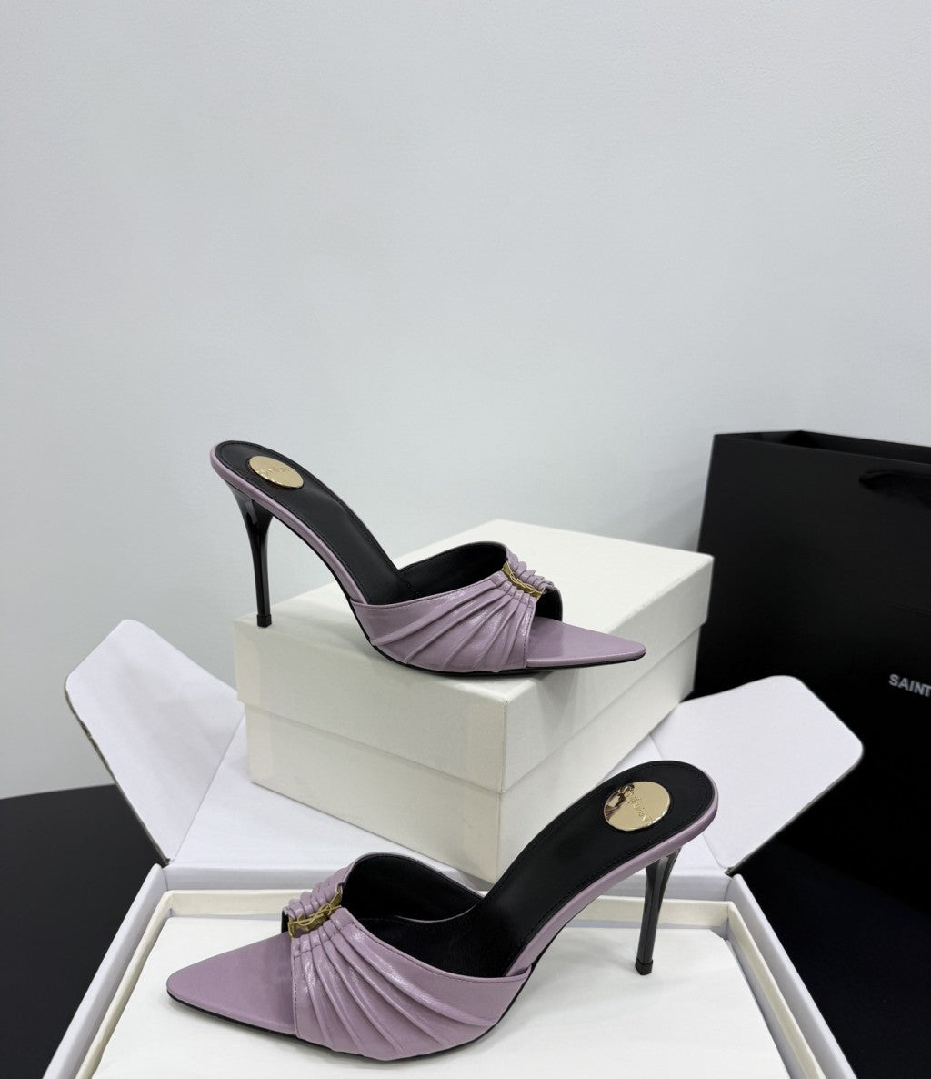 Saint Laurent Babylone Ruched Mules in Leather Lilac