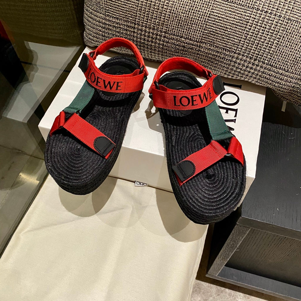 LOEWE Strappy Espadrille Sandals Unisex Nylon In Red/Green