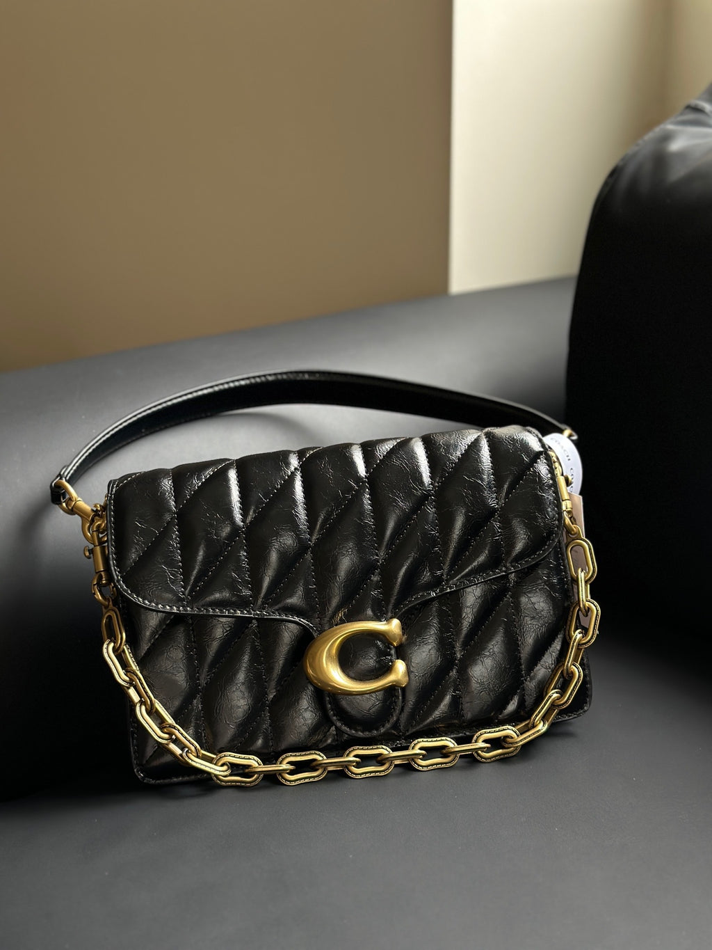 Coach Quilted Chain Tabby Preto Ferragens Douradas