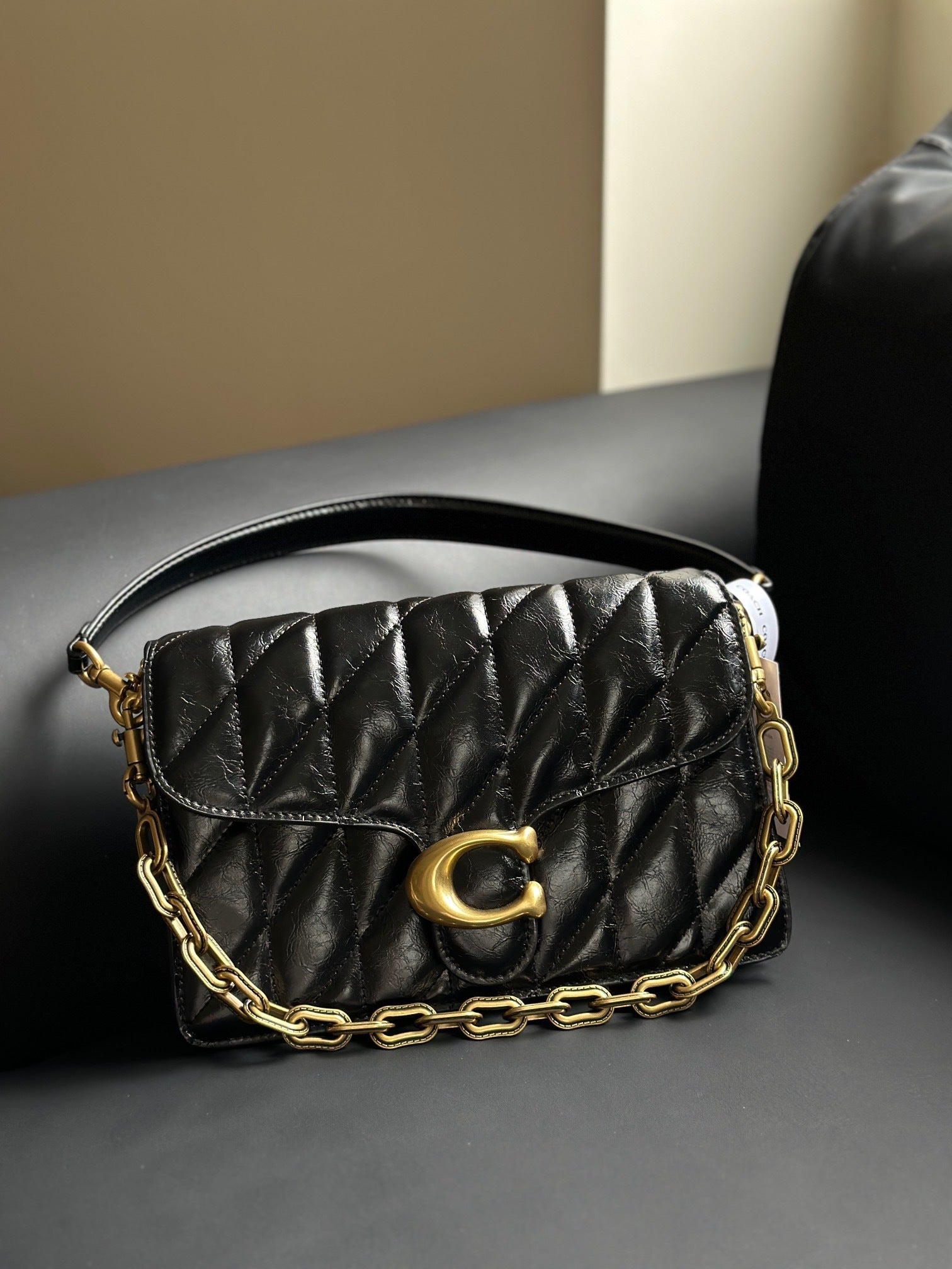 Coach Quilted Chain Tabby Preto Ferragens Douradas