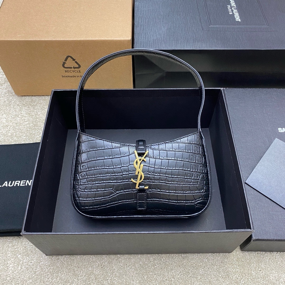 Saint Laurent Le 5 À 7 Croc Top Handle Bag Black Ferragens Douradas