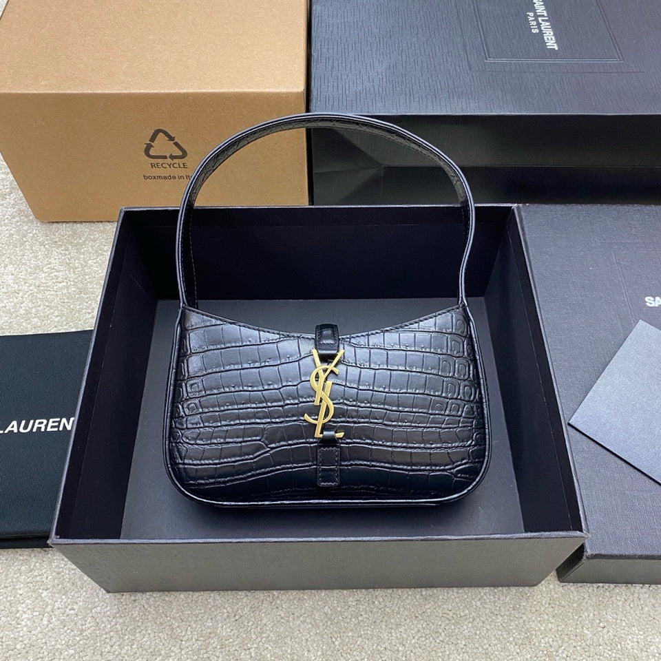Saint Laurent Le 5 À 7 Croc Top Handle Bag Black Ferragens Douradas