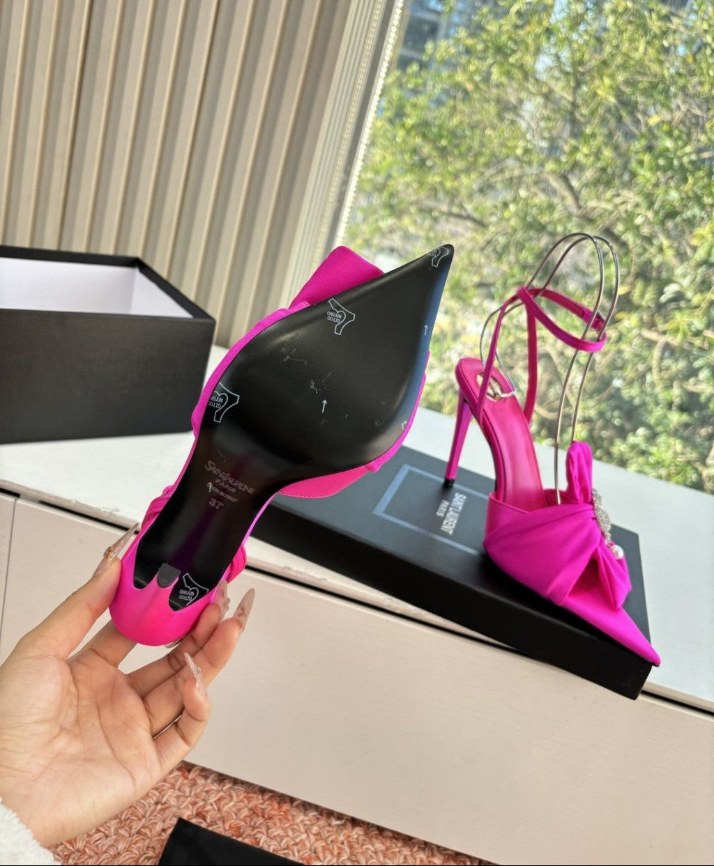 Saint Laurent Dove Sandals in Satin Crepe and Rhinestones Pink