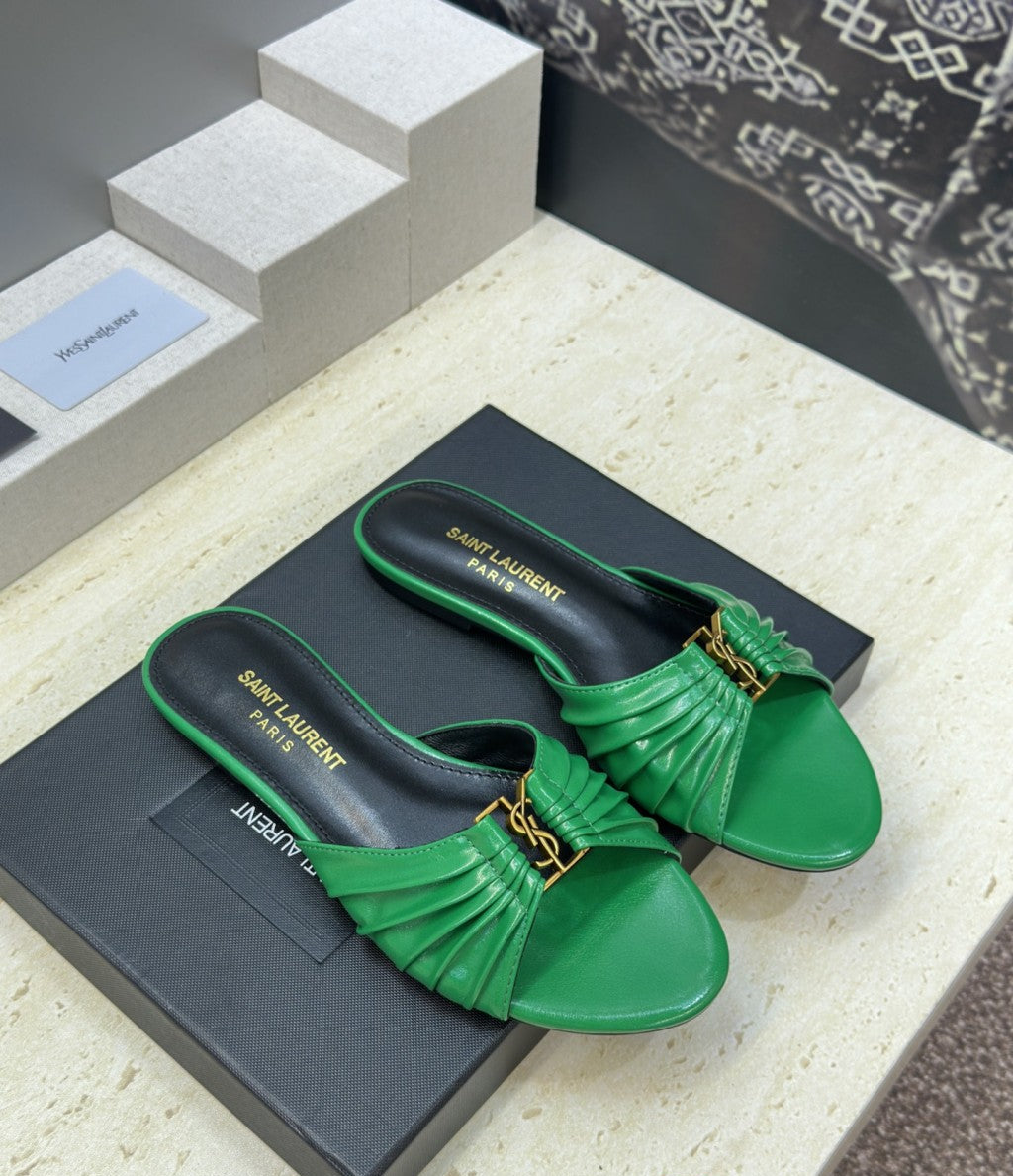 Saint Laurent Flat Slide Sandals Green Gold