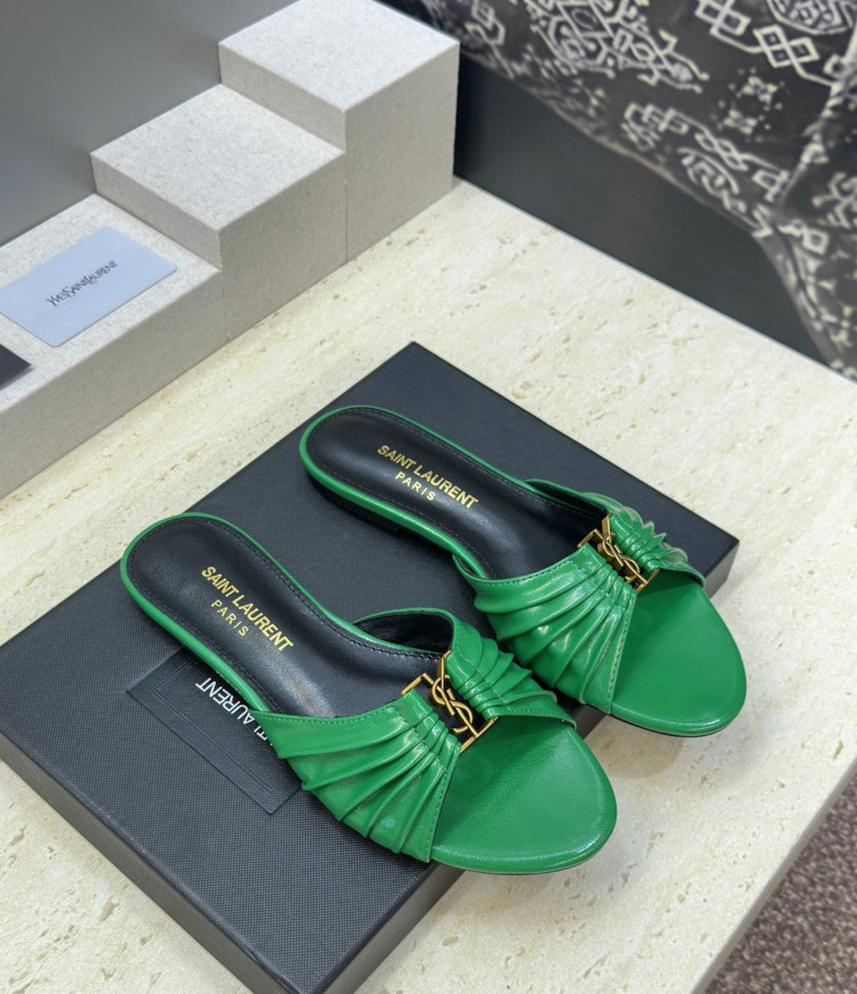 Saint Laurent Flat Slide Sandals Green Gold