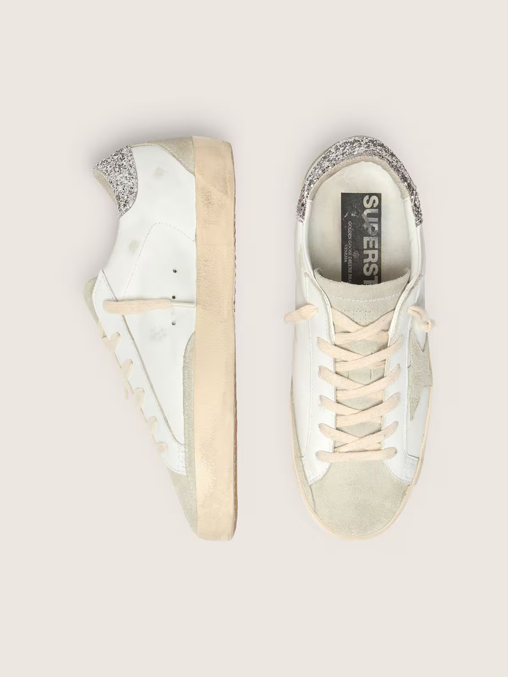Golden Goose Super-Star White Leather Ice Suede Silver Glitter Heel