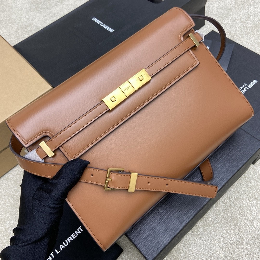 Saint Laurent Manhattan Small Shoulder Bag Brown Ferragens Douradas