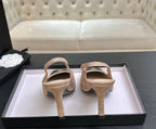 Chanel Slingback Heel Suede Beige Black Gold