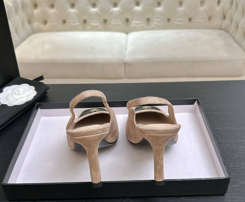 Chanel Slingback Heel Suede Beige Black Gold