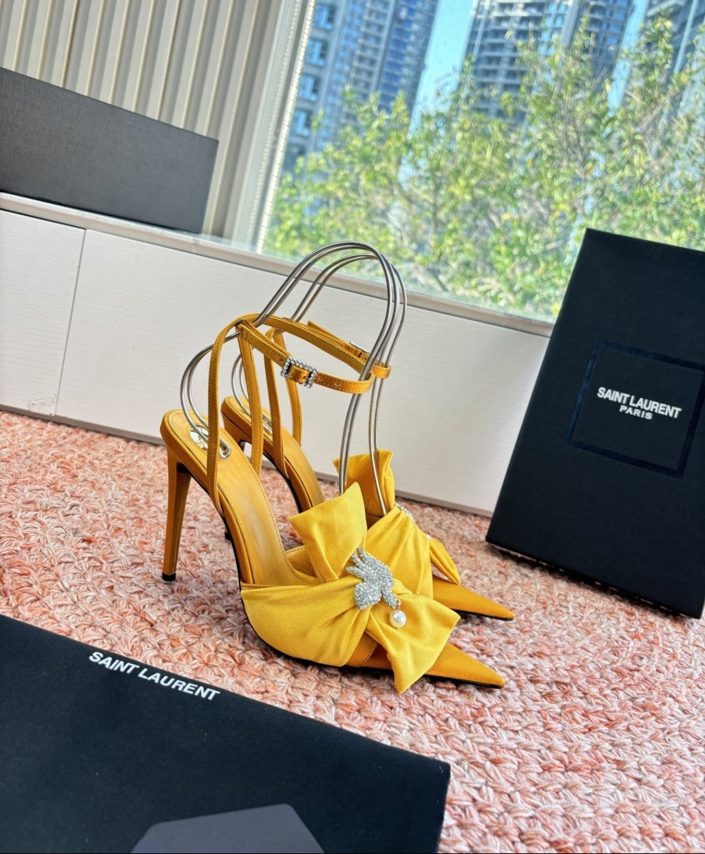 Saint Laurent Dove Sandals in Satin Crepe and Rhinestones Yellow