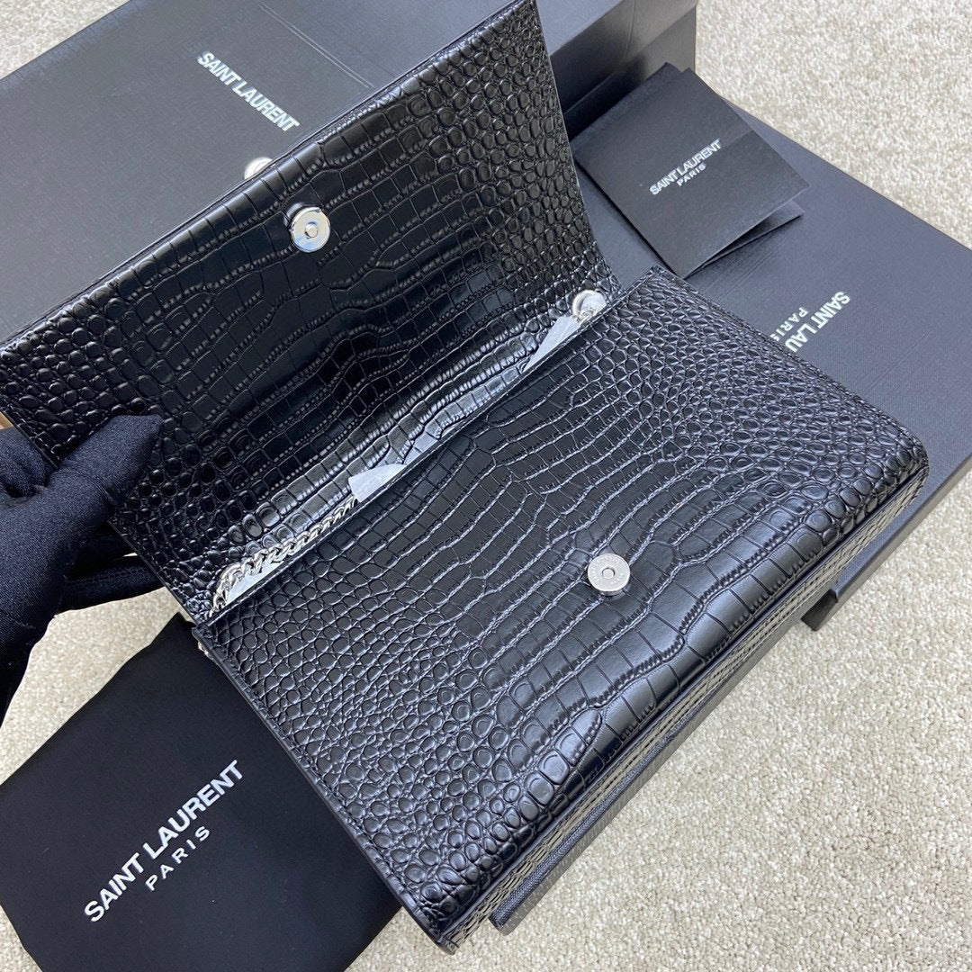 Saint Laurent Shoulder Bag Black Croc Ferragens Prata