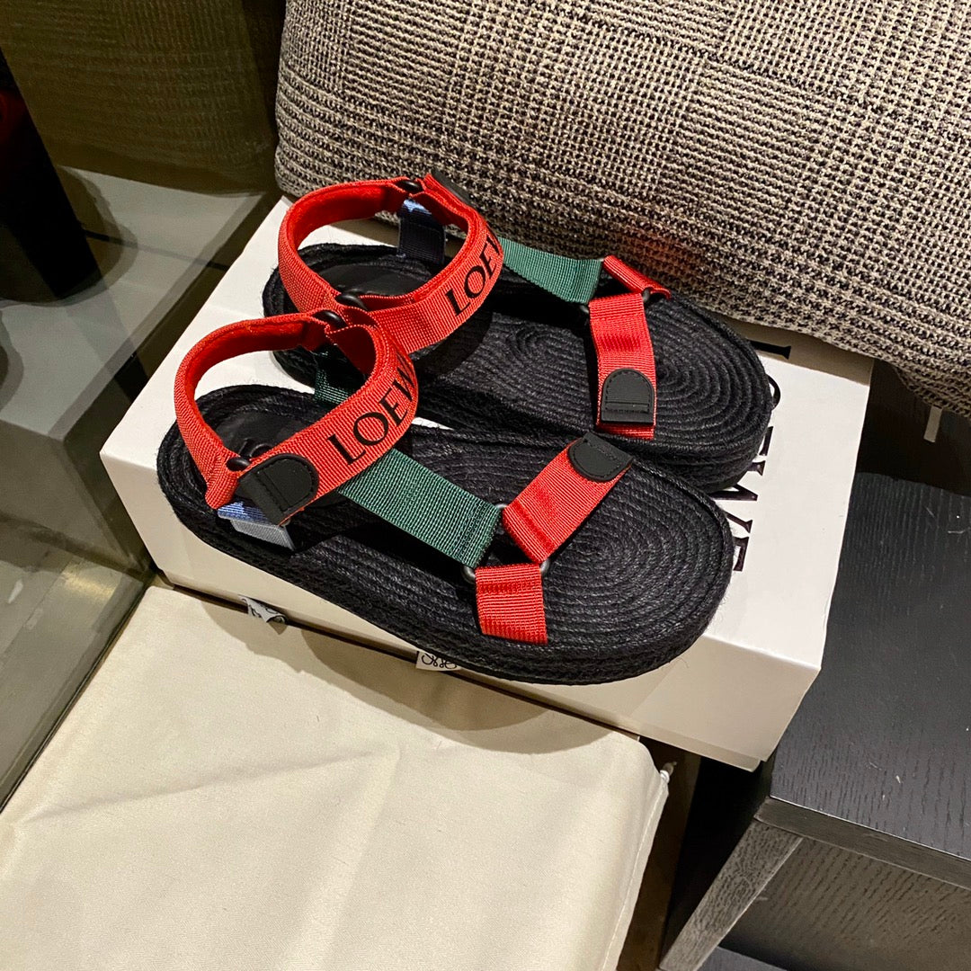 LOEWE Strappy Espadrille Sandals Unisex Nylon In Red/Green