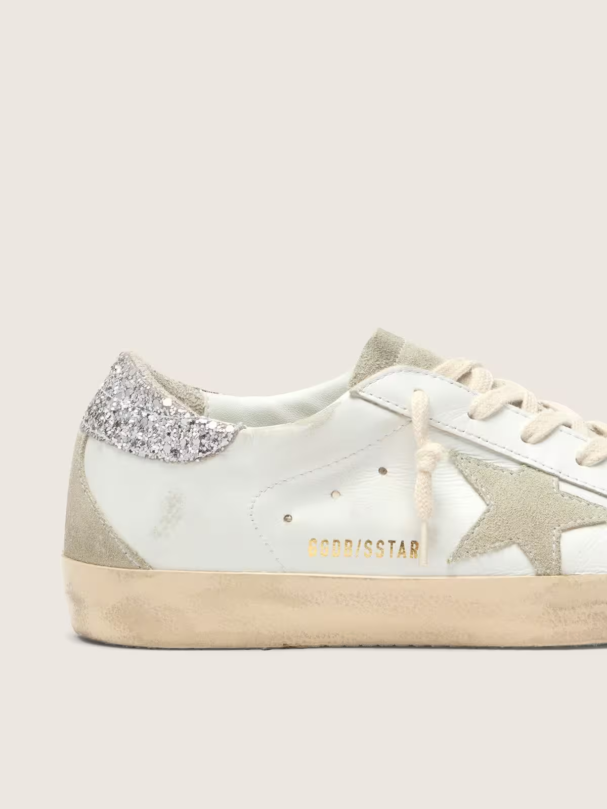 Golden Goose Super-Star White Leather Ice Suede Silver Glitter Heel