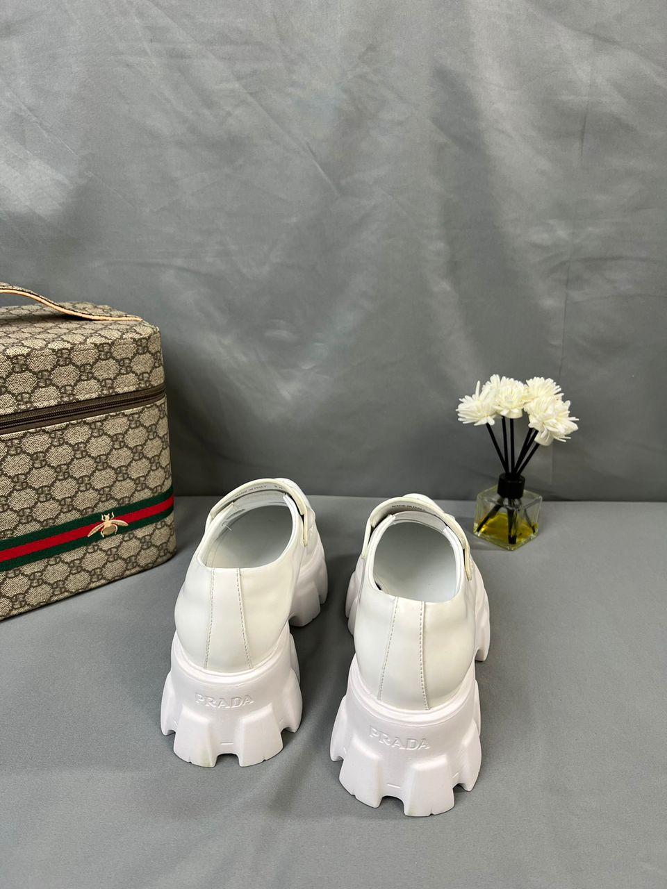 Prada Brushed Leather Monolith Loafers White
