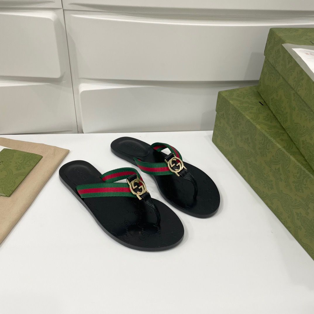 Gucci Web Thong Sandal Black Leather ( FEMININO)