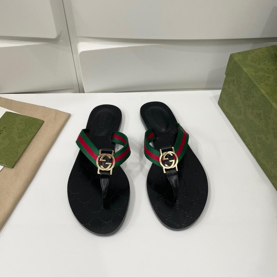 Gucci Web Thong Sandal Black Leather ( FEMININO)