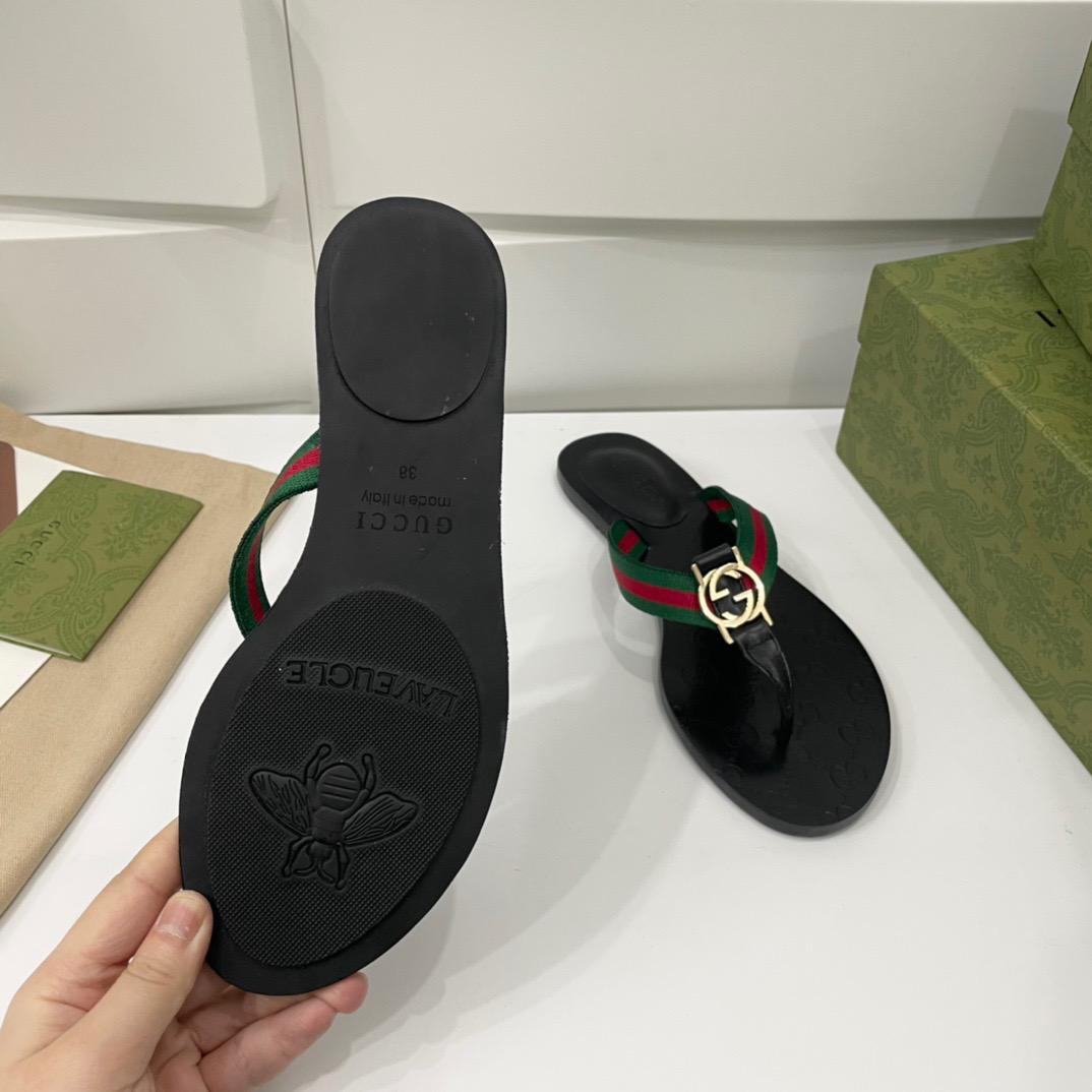 Gucci Web Thong Sandal Black Leather ( FEMININO)