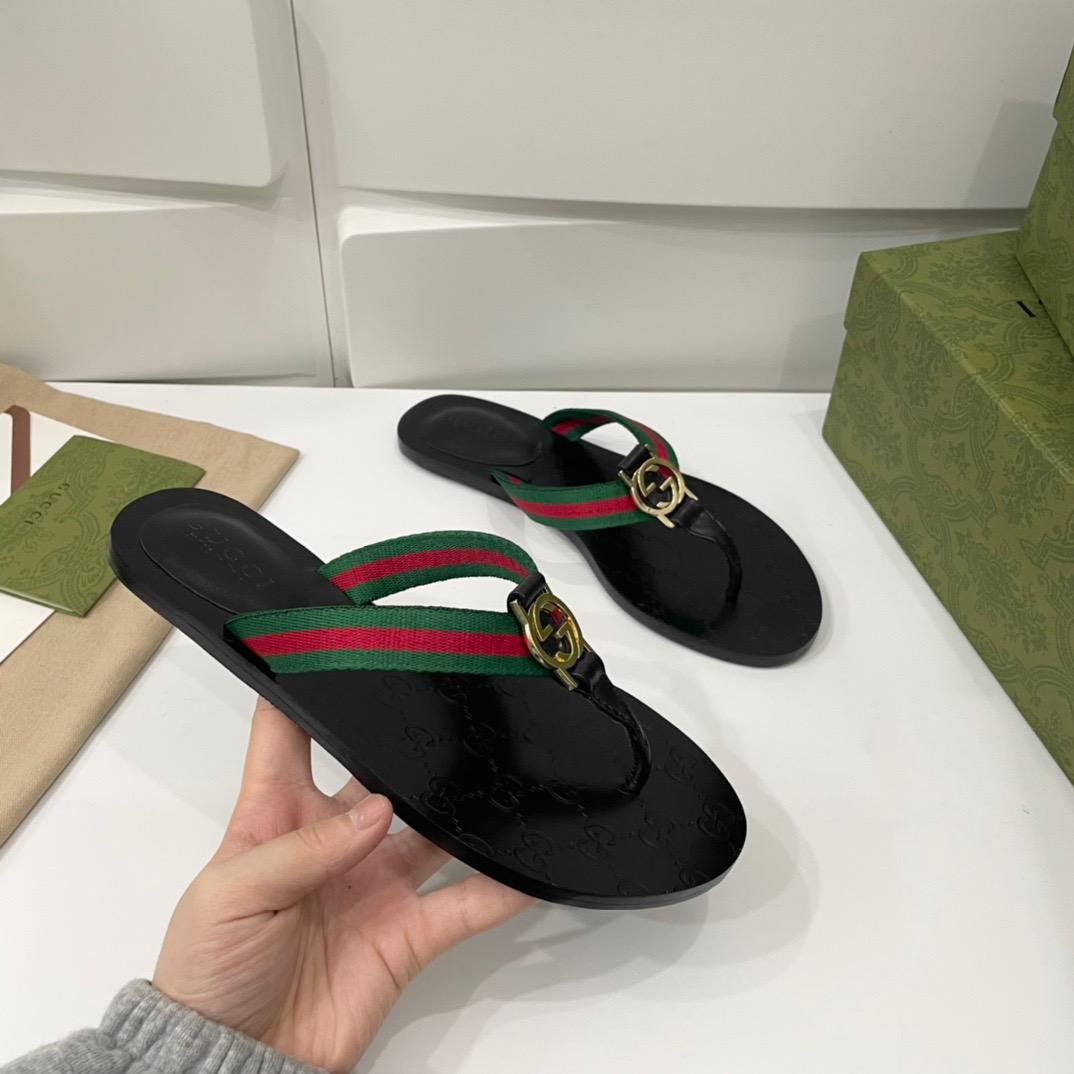 Gucci Web Thong Sandal Black Leather ( FEMININO)
