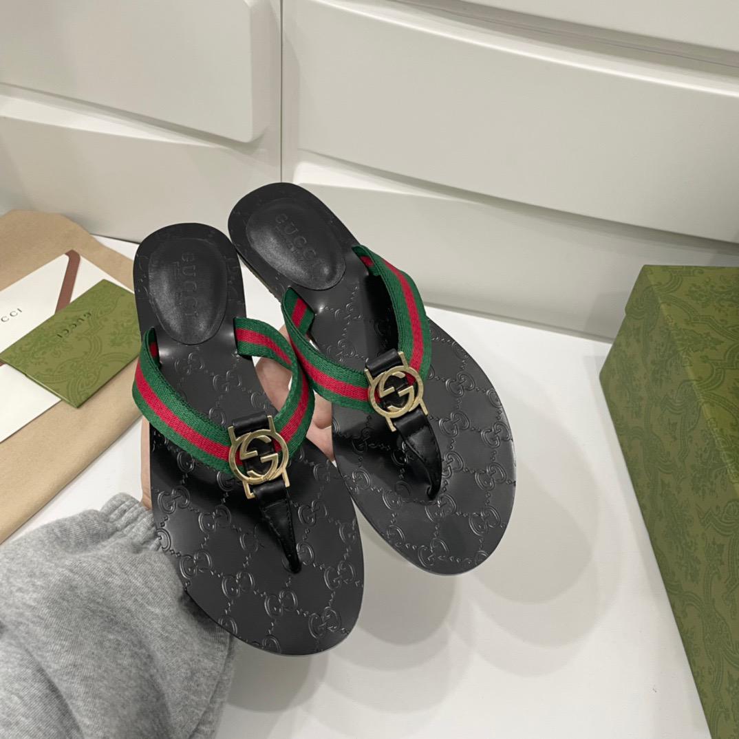 Gucci Web Thong Sandal Black Leather ( FEMININO)