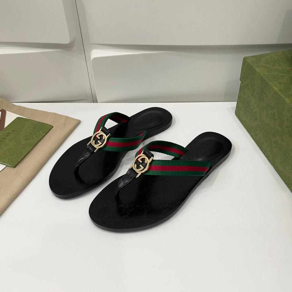 Gucci Web Thong Sandal Black Leather ( FEMININO)