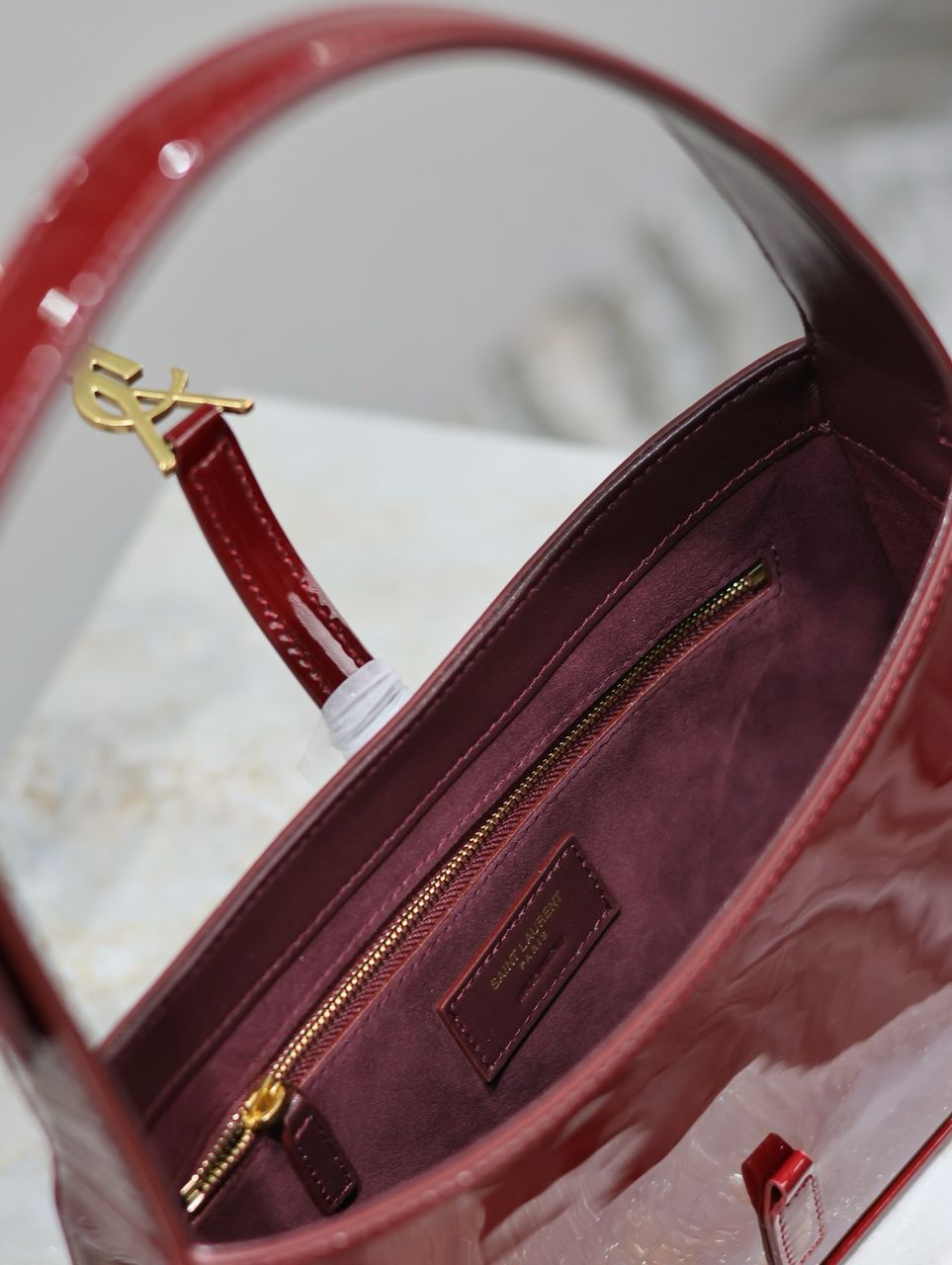 Yves Saint Laurent Mini Le 5 to 7 in Patent Leather Grenade