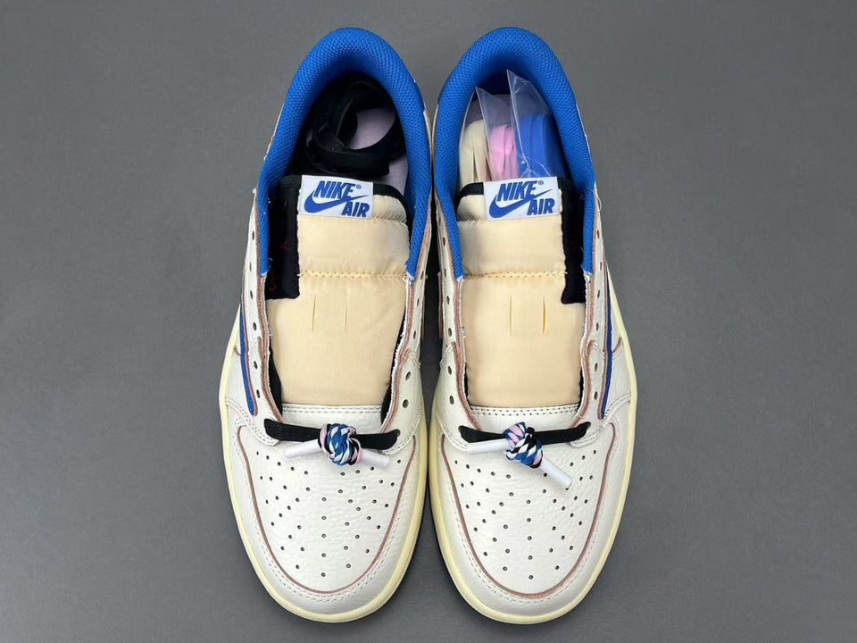 Fragment x Travis Scott x Air Jordan 1 Low OG SP Sail Military Blue.