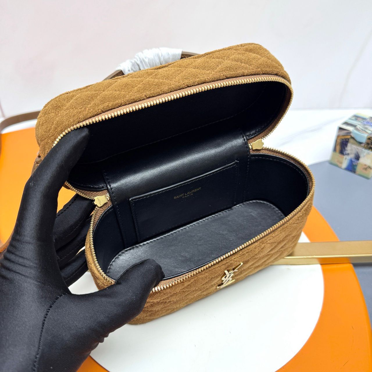 Saint Laurent Vanity Bag (Quilted Suede) .