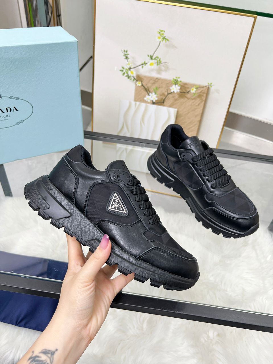 Prada Black Nylon Leather Triangle Logo Sneakers .